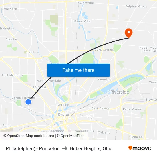Philadelphia @ Princeton to Huber Heights, Ohio map