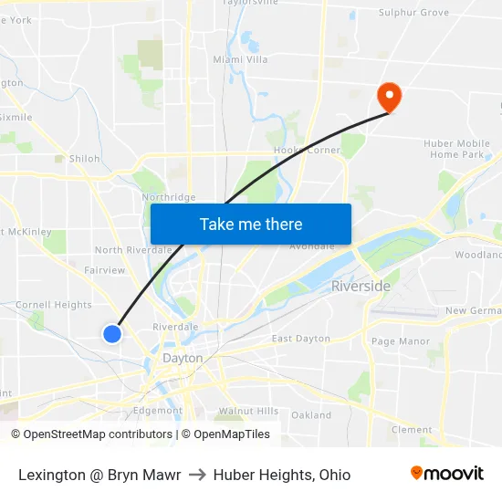 Lexington @ Bryn Mawr to Huber Heights, Ohio map