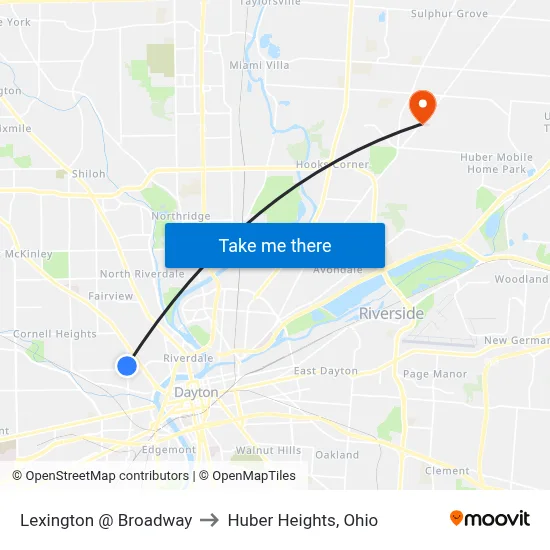 Lexington @ Broadway to Huber Heights, Ohio map