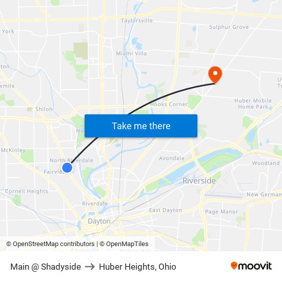 Main @ Shadyside to Huber Heights, Ohio map