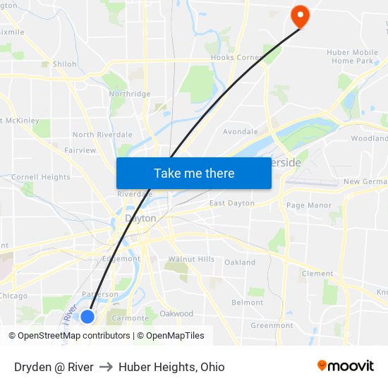 Dryden @ River to Huber Heights, Ohio map