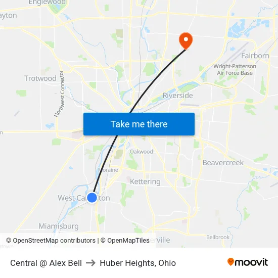 Central @ Alex Bell to Huber Heights, Ohio map