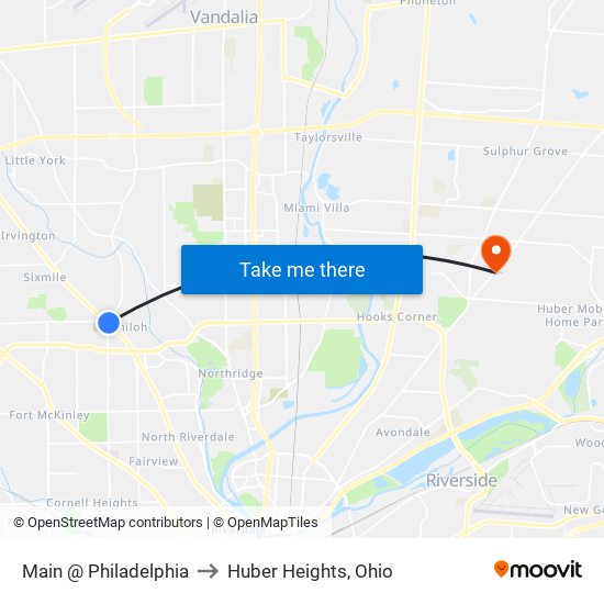 Main @ Philadelphia to Huber Heights, Ohio map