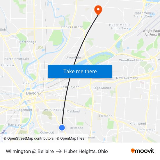 Wilmington @ Bellaire to Huber Heights, Ohio map