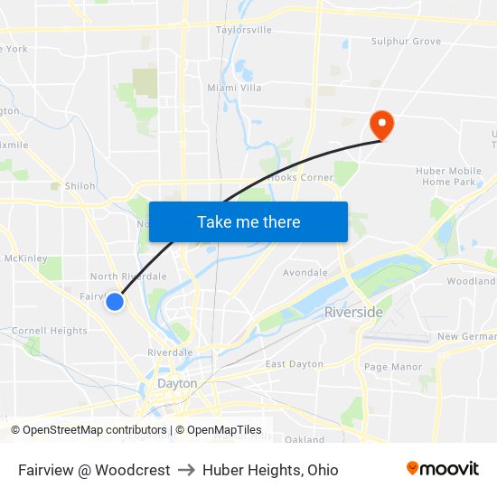 Fairview @ Woodcrest to Huber Heights, Ohio map
