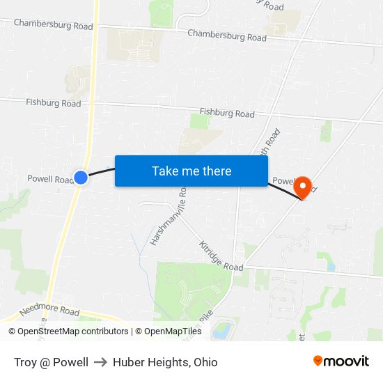 Troy @ Powell to Huber Heights, Ohio map