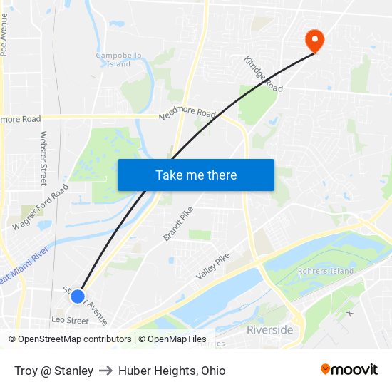 Troy @ Stanley to Huber Heights, Ohio map