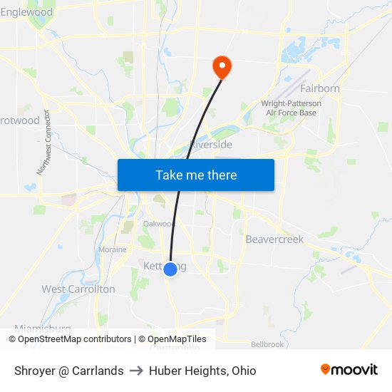 Shroyer @ Carrlands to Huber Heights, Ohio map