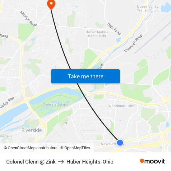 Colonel Glenn @ Zink to Huber Heights, Ohio map