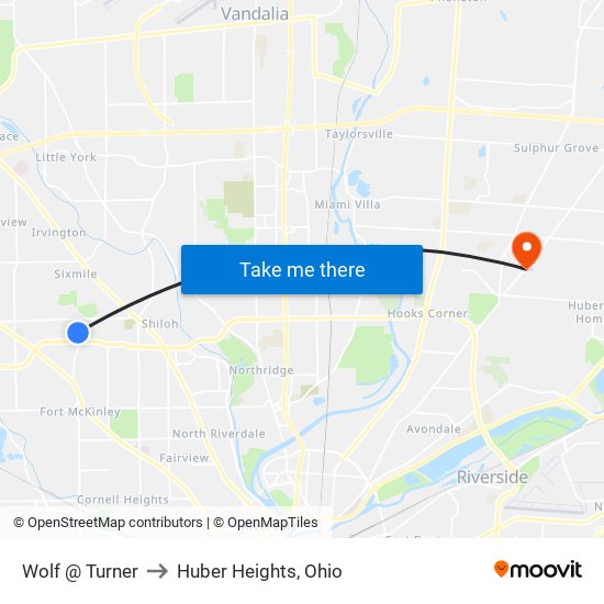 Wolf @ Turner to Huber Heights, Ohio map