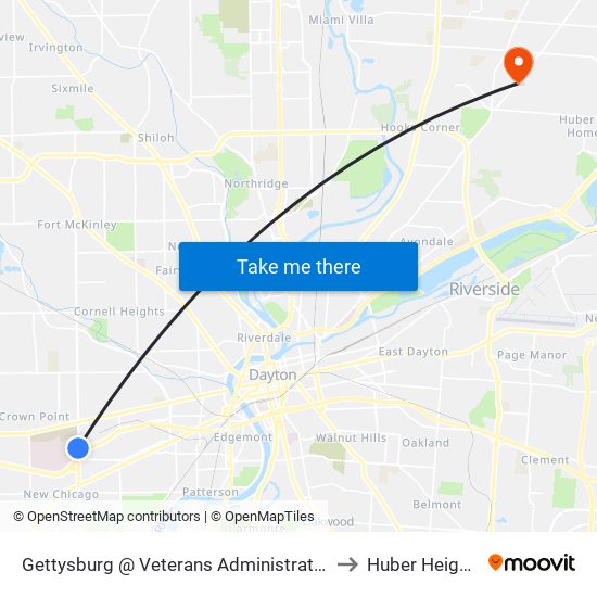 Gettysburg @ Veterans Administration Medical Center to Huber Heights, Ohio map