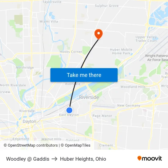 Woodley @ Gaddis to Huber Heights, Ohio map