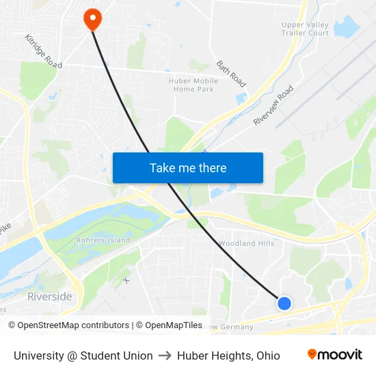 University @ Student Union to Huber Heights, Ohio map