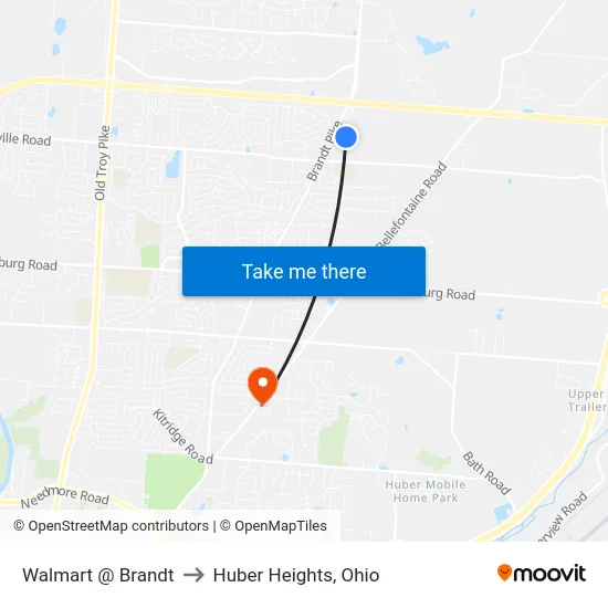 Walmart @ Brandt to Huber Heights, Ohio map