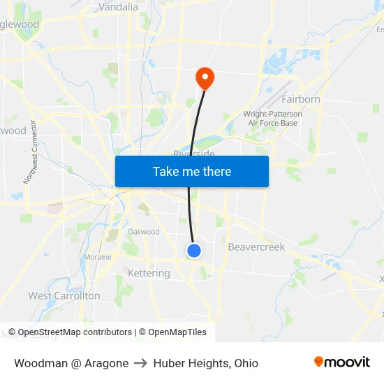 Woodman @ Aragone to Huber Heights, Ohio map