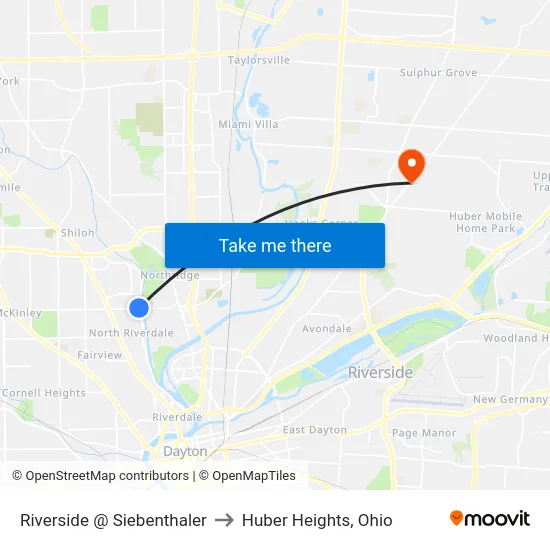 Riverside @ Siebenthaler to Huber Heights, Ohio map