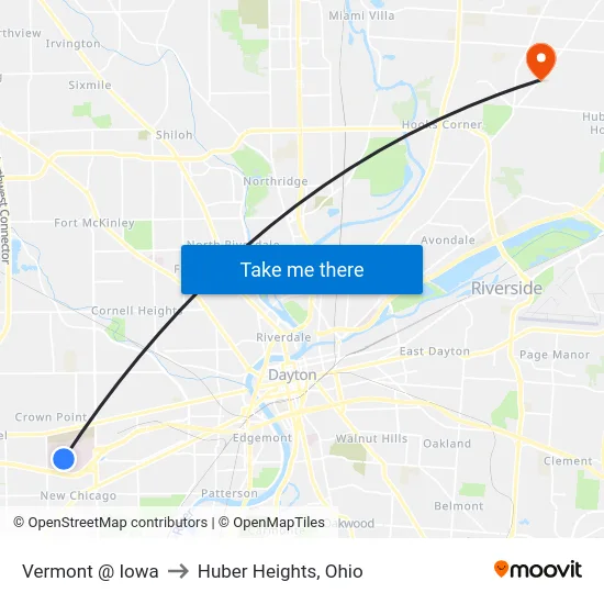 Vermont @ Iowa to Huber Heights, Ohio map