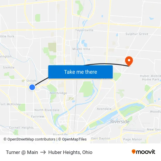 Turner @ Main to Huber Heights, Ohio map
