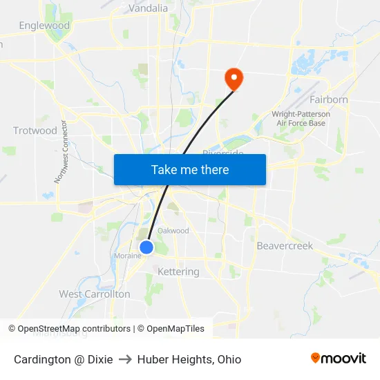 Cardington @ Dixie to Huber Heights, Ohio map