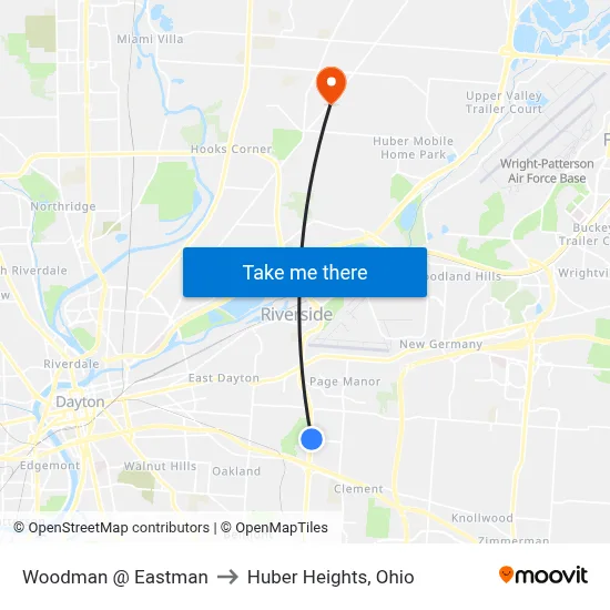 Woodman @ Eastman to Huber Heights, Ohio map