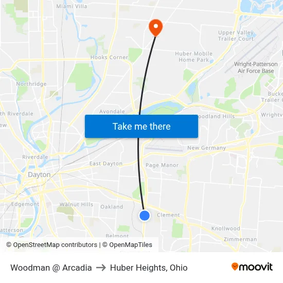 Woodman @ Arcadia to Huber Heights, Ohio map