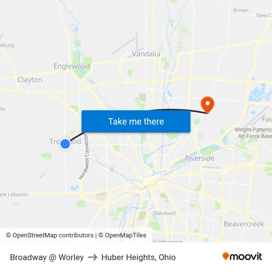 Broadway @ Worley to Huber Heights, Ohio map