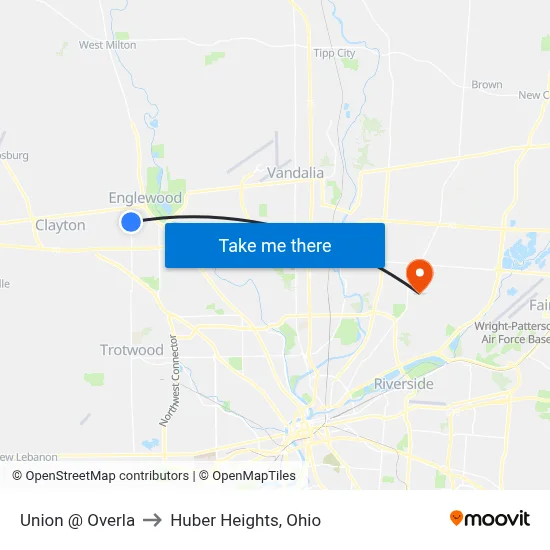 Union @ Overla to Huber Heights, Ohio map