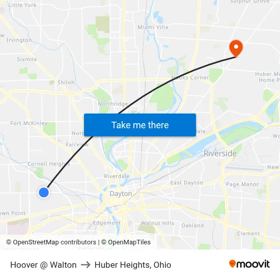 Hoover @ Walton to Huber Heights, Ohio map