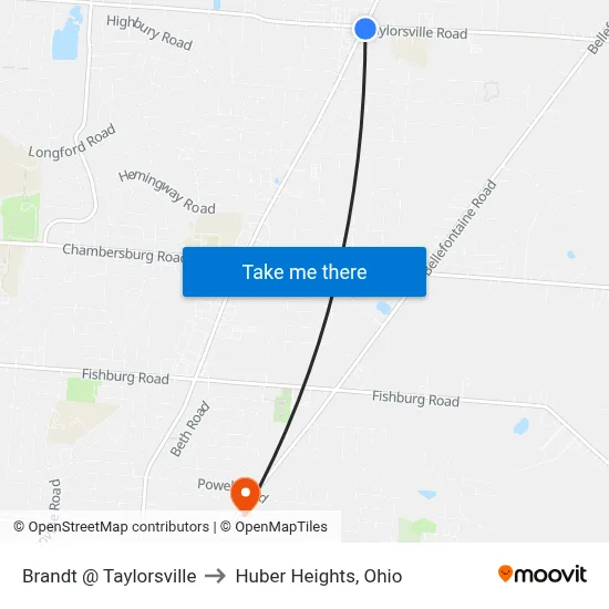 Brandt @ Taylorsville to Huber Heights, Ohio map