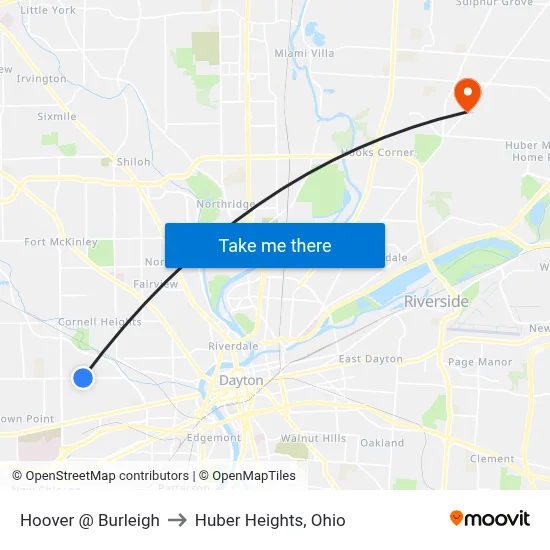 Hoover @ Burleigh to Huber Heights, Ohio map