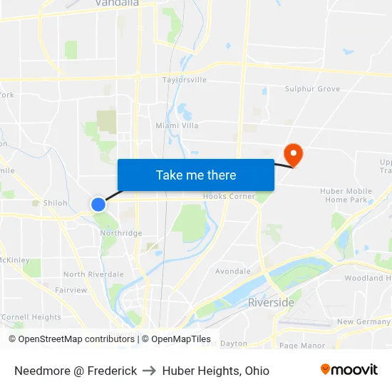 Needmore @ Frederick to Huber Heights, Ohio map