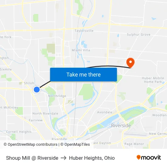 Shoup Mill @ Riverside to Huber Heights, Ohio map