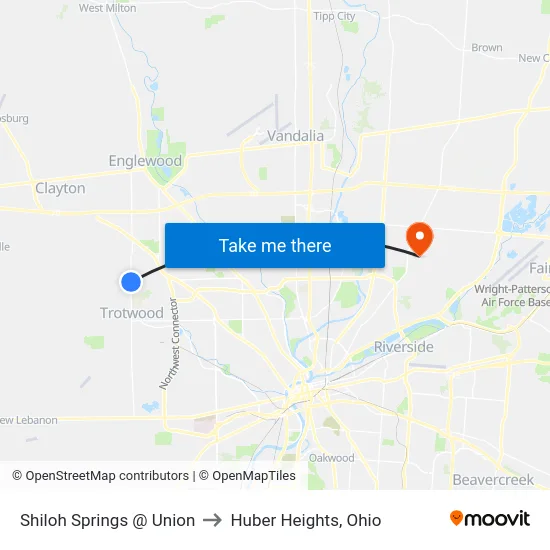 Shiloh Springs @ Union to Huber Heights, Ohio map