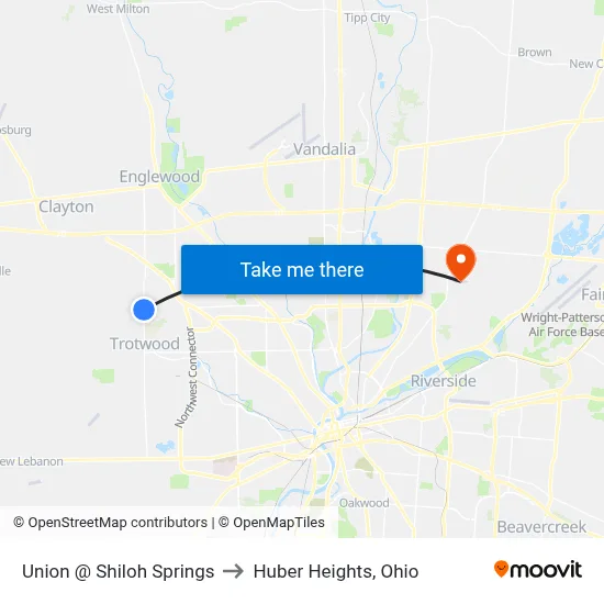 Union @ Shiloh Springs to Huber Heights, Ohio map