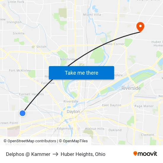 Delphos @ Kammer to Huber Heights, Ohio map