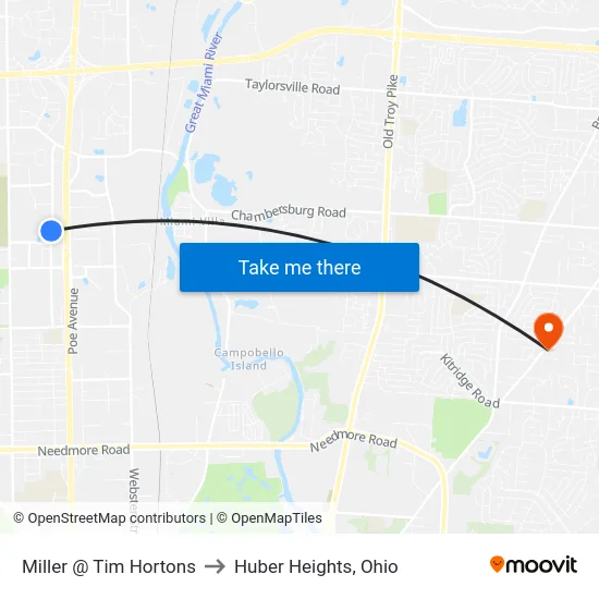 Miller @ Tim Hortons to Huber Heights, Ohio map