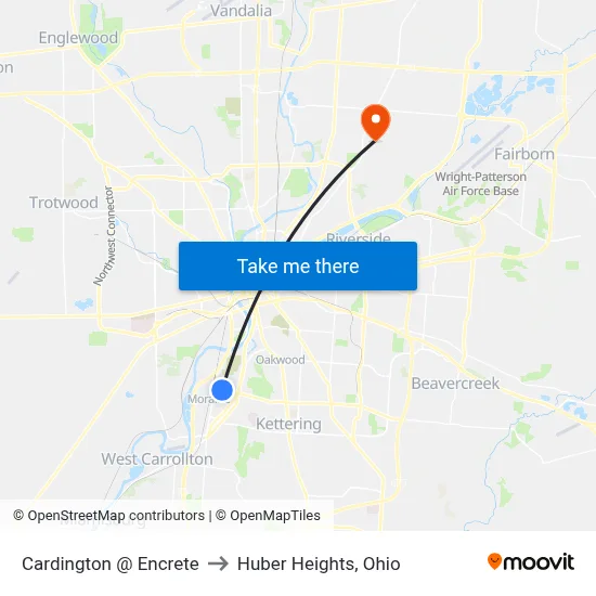 Cardington @ Encrete to Huber Heights, Ohio map