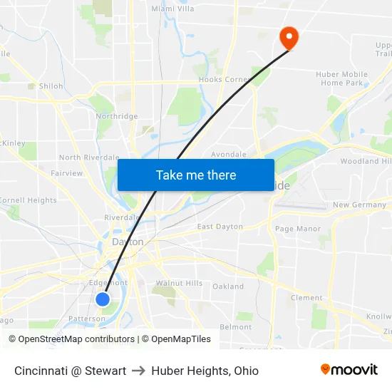 Cincinnati @ Stewart to Huber Heights, Ohio map