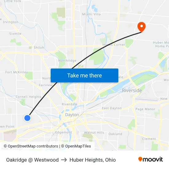 Oakridge @ Westwood to Huber Heights, Ohio map