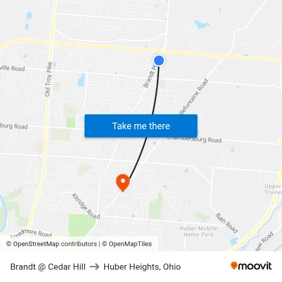 Brandt @ Cedar Hill to Huber Heights, Ohio map