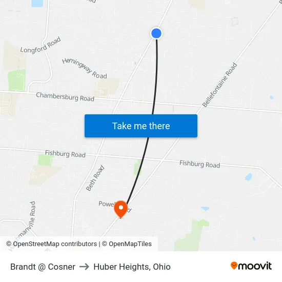 Brandt @ Cosner to Huber Heights, Ohio map