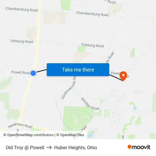 Old Troy @ Powell to Huber Heights, Ohio map