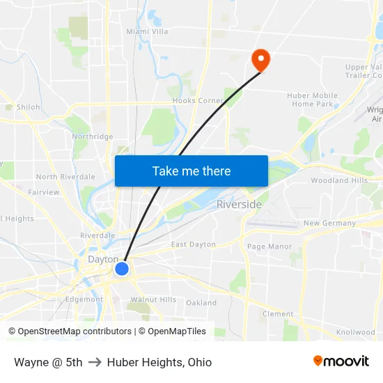 Wayne @ 5th to Huber Heights, Ohio map