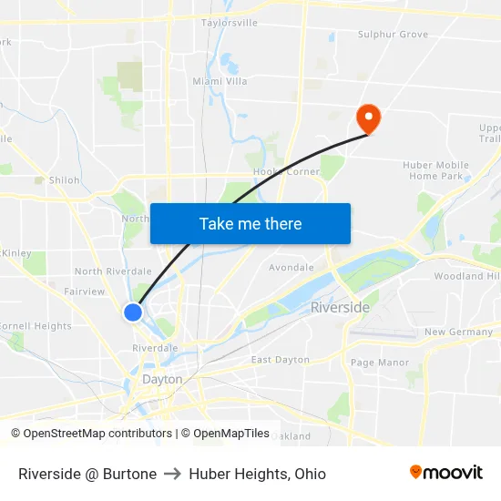 Riverside @ Burtone to Huber Heights, Ohio map