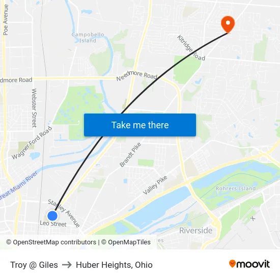 Troy @ Giles to Huber Heights, Ohio map