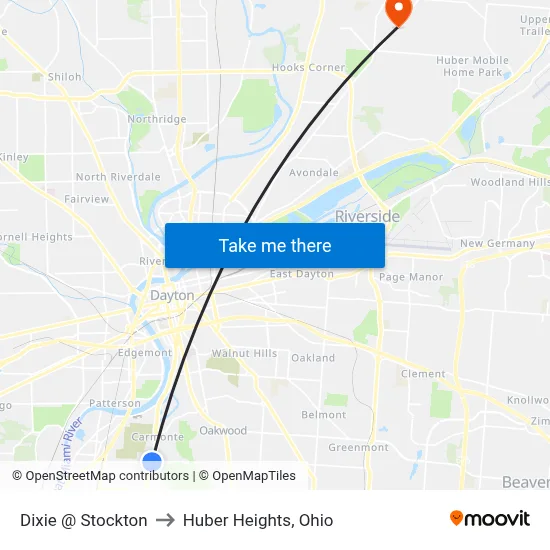 Dixie @ Stockton to Huber Heights, Ohio map