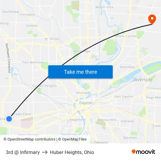 3rd @ Infirmary to Huber Heights, Ohio map