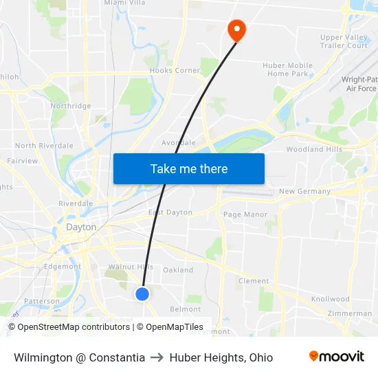 Wilmington @ Constantia to Huber Heights, Ohio map
