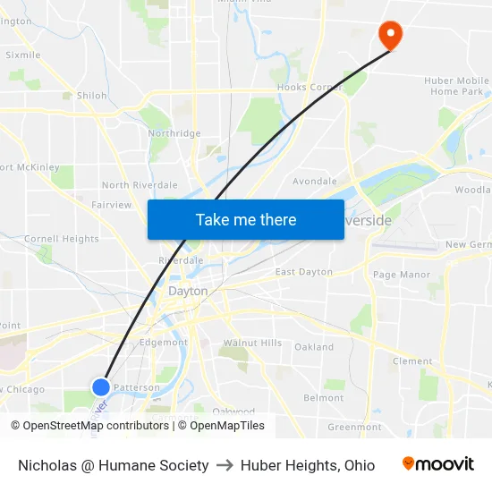 Nicholas @ Humane Society to Huber Heights, Ohio map