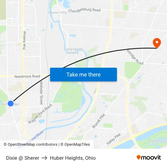 Dixie @ Sherer to Huber Heights, Ohio map